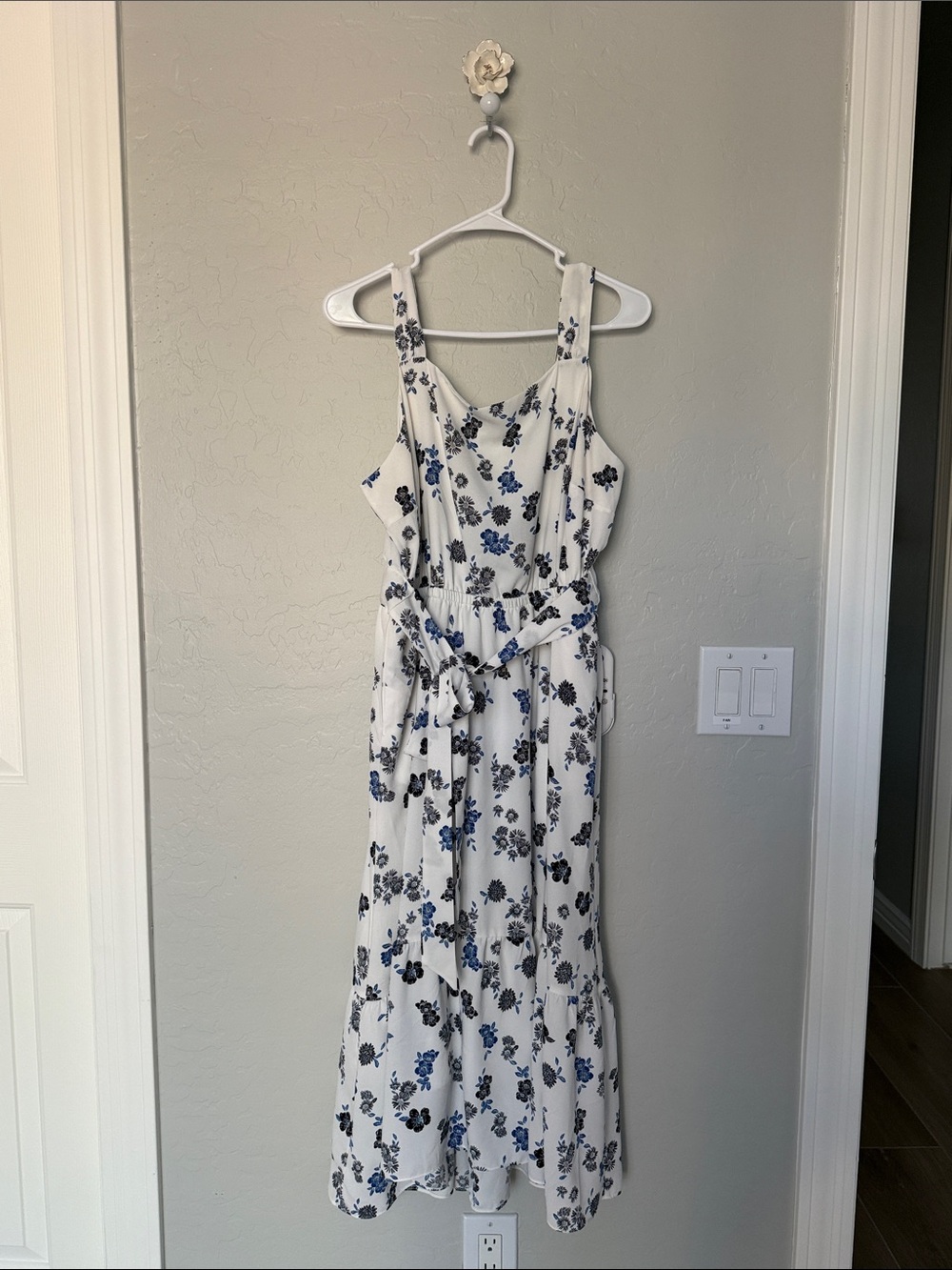 Lane Bryant White Floral Midi Dress with Blue and Black Flowers
